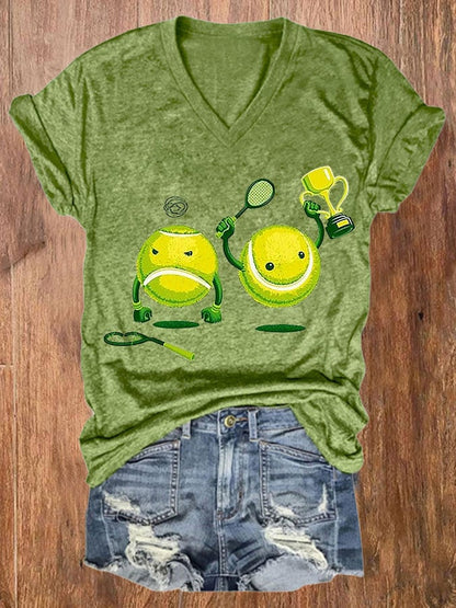 Women's Funny Tennis Print Casual V-Neck Tee