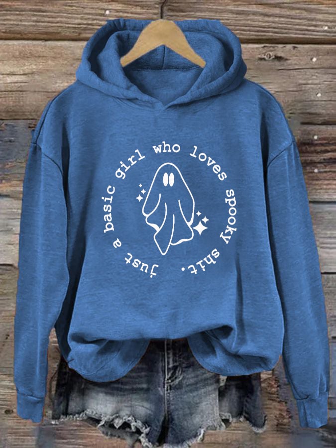 Women's "Just a basic girl who loves Spooky Shirt" printed casual hooded sweatshirt