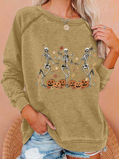 Women's Dancing Skeleton Pumpkin Print Casual Sweatshirt