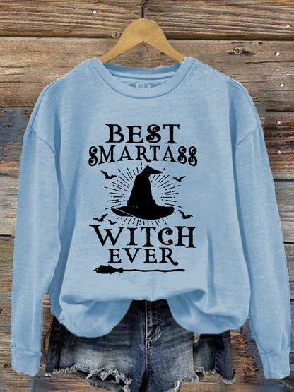 Women's Halloween Best Smartass Witch Ever Print Crew Neck Sweatshirt