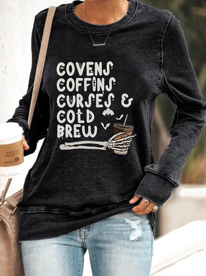 Women's Vintage Halloween Covens Coffins Coffee Cold Brew  Printed Sweatshirt