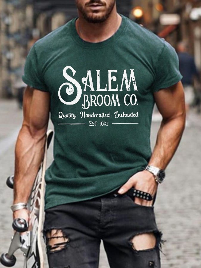 Men's Salem Broom Co Quality Handcrafted Enchanted Est 1692 Print T-Shirt