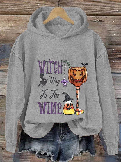 Women's Funny Halloween Witch Way To The Wine Printed Casual Hoodie