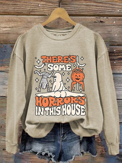 Women's Funny Halloween There's Some Horrors In This House Pumpkin Spooky Mummy Sweatshirt