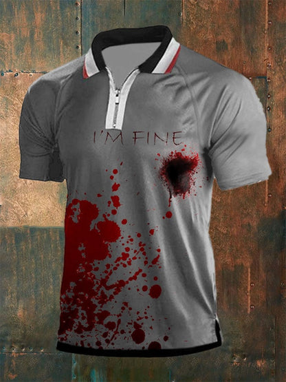 Men's Bloodstain I'm Fine Print Short Sleeve Raglan Zip Polo