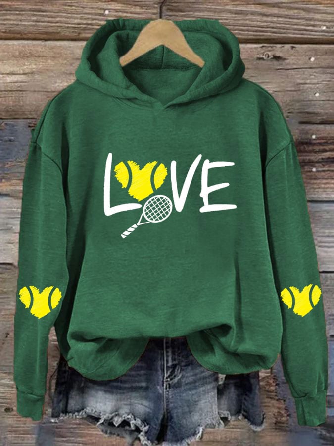 Women's love tennis printed casual hooded sweatshirt