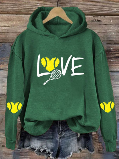Women's love tennis printed casual hooded sweatshirt