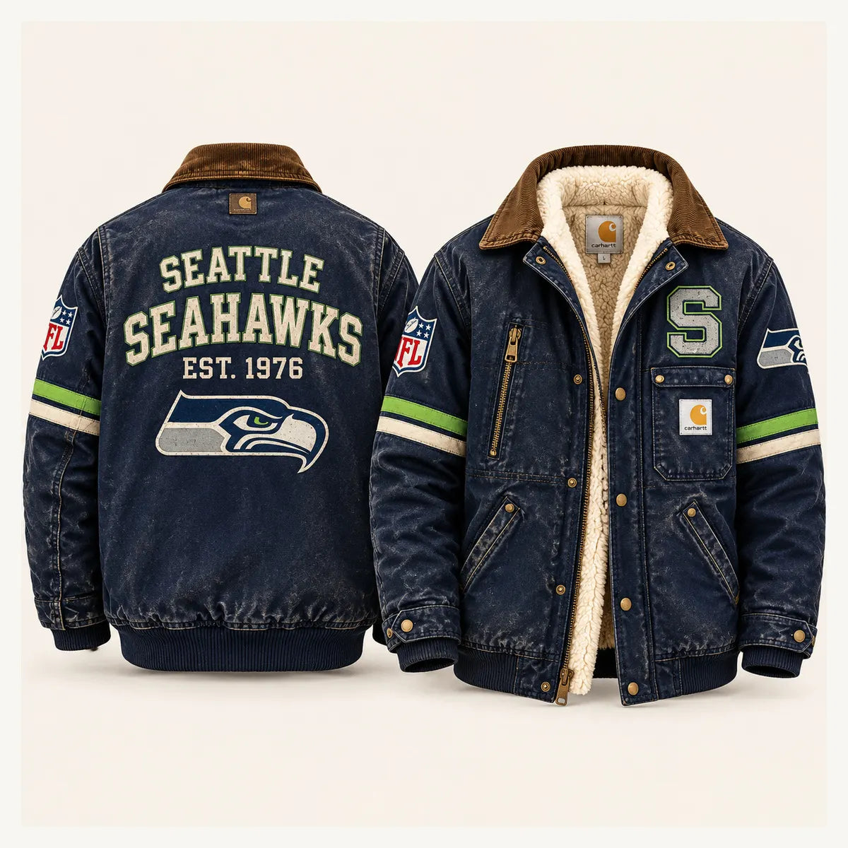UNISEX SEATTLE SEAHAWKS SHERPA LINED OVERSIZED WORKWEAR WINTER PARKA JACKET