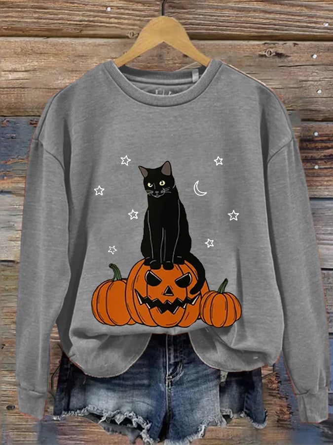 Women's Halloween Pumpkin And Cats Print Casual Sweatshirt