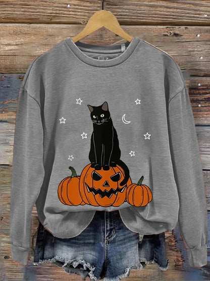 Women's Halloween Pumpkin And Cats Print Casual Sweatshirt