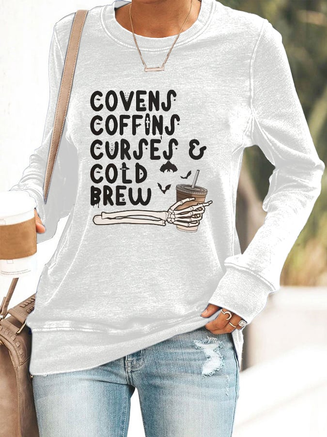 Women's Vintage Halloween Covens Coffins Coffee Cold Brew  Printed Sweatshirt