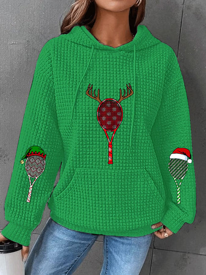 Women's Christmas Tennis Racket Print Waffle Hooded Sweatshirt