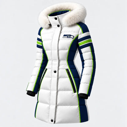 SEATTLE SEAHAWKS WOMEN'S FUR HOOD COLORBLOCK LONG PUFFER COAT