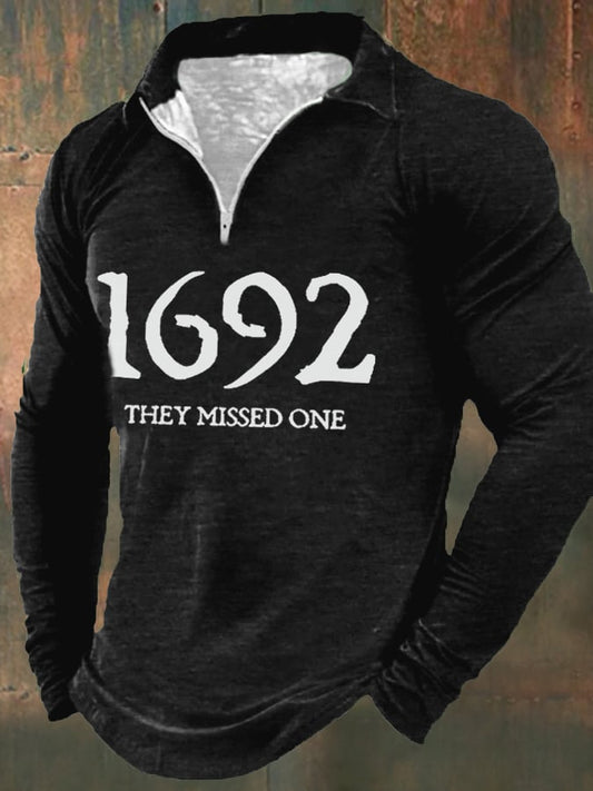 Men's 1692 They Missed One Salem Witch Print Zip Long Sleeve Sweatshirt