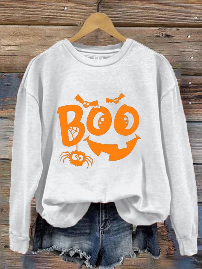 Women's  Funny Halloween Pumpkin Face Boo Print Sweatshirt