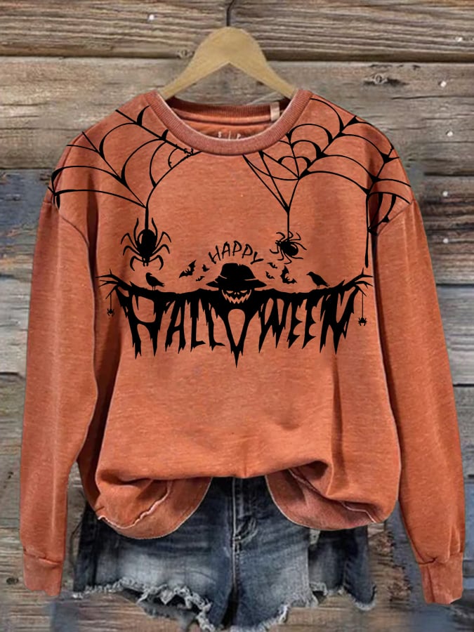 Happy Halloween Print Round Neck Sweatshirt