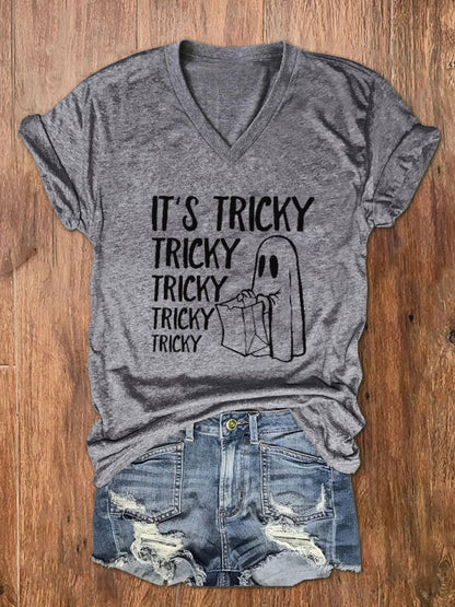 Women's It's Tricky Funny Halloween Print V-Neck T-Shirt