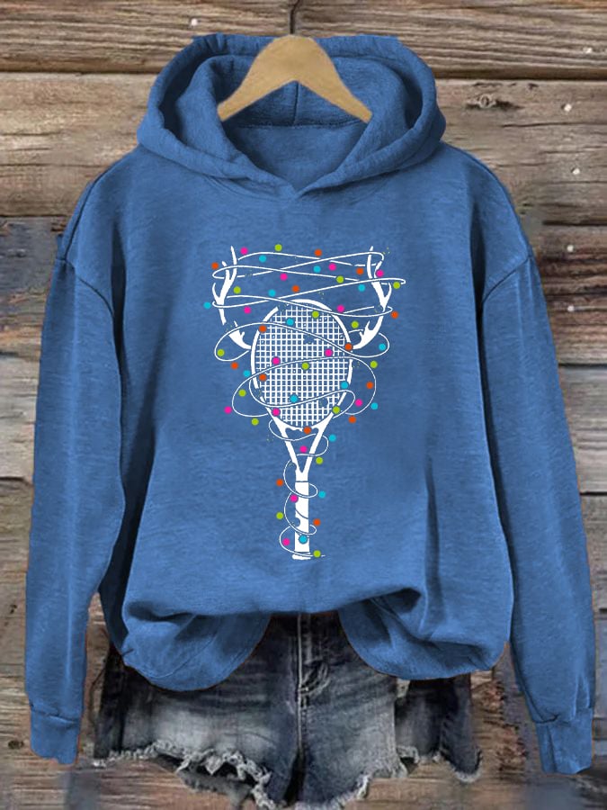 Women's Christmas Tennis Racket Print Casual Hooded Sweatshirt