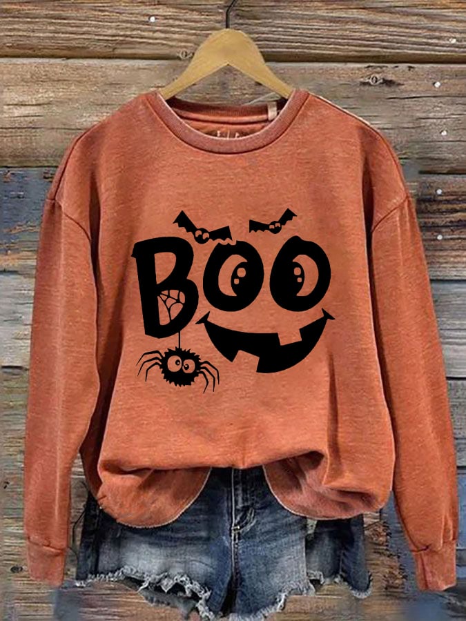 Women's  Funny Halloween Pumpkin Face Boo Print Sweatshirt