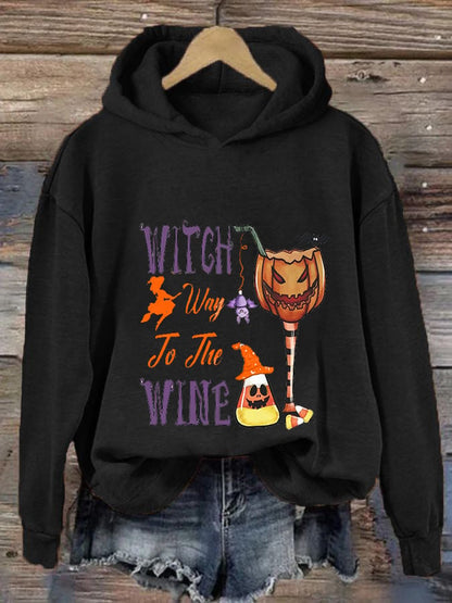 Women's Funny Halloween Witch Way To The Wine Printed Casual Hoodie