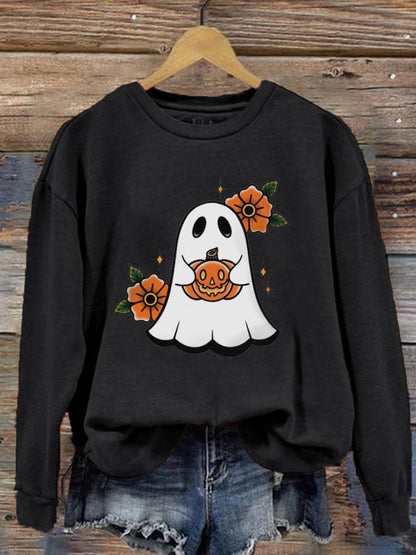 Women's Halloween Cute Pumpkin Boo Print Crew Neck Sweatshirt