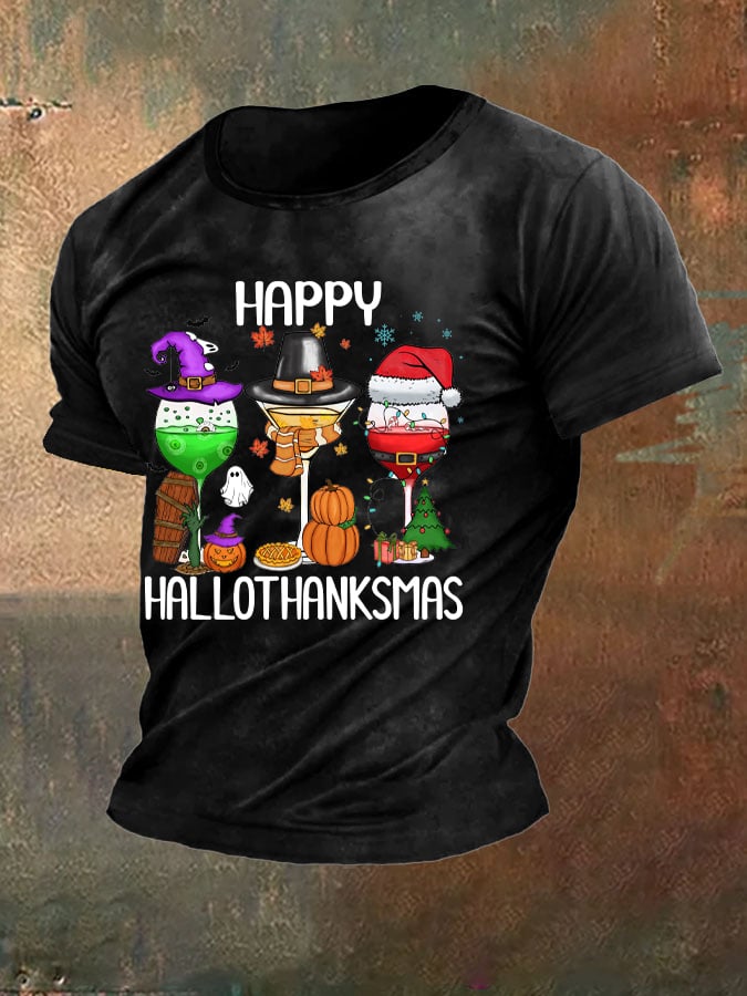 Men's Happy HalloThanksMas Wine Glasses Print Round Neck T-shirt