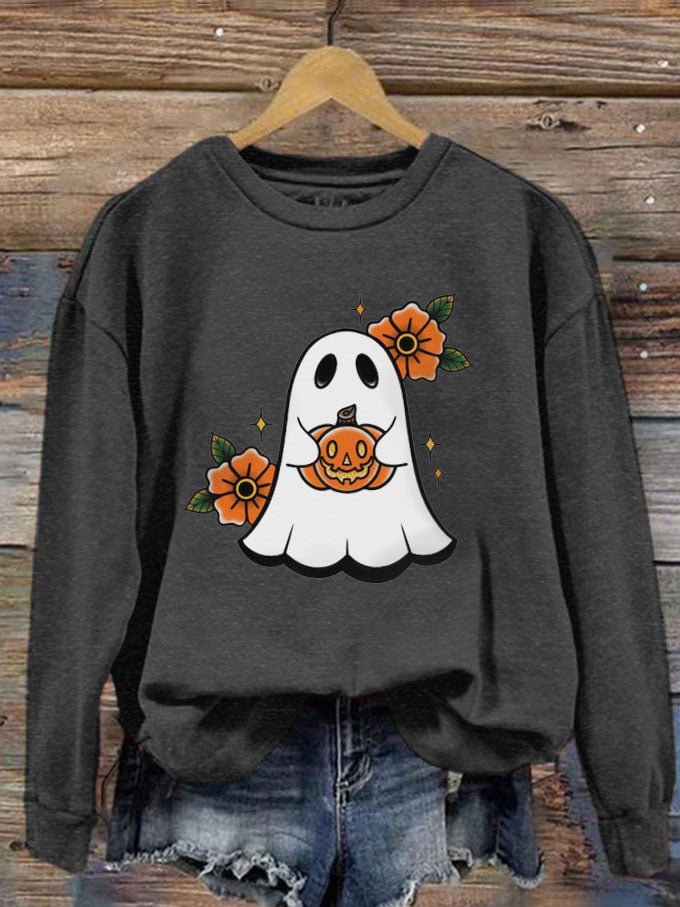 Women's Halloween Cute Pumpkin Boo Print Crew Neck Sweatshirt