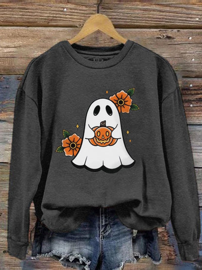 Women's Halloween Cute Pumpkin Boo Print Crew Neck Sweatshirt