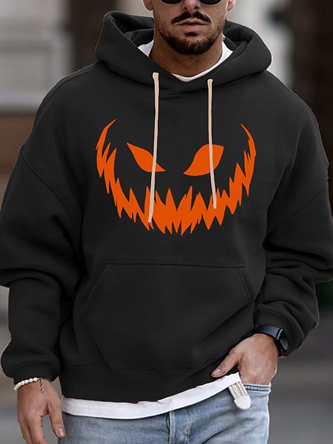 Men's Halloween Pumpkin Face Print Casual Hooded Sweatshirt