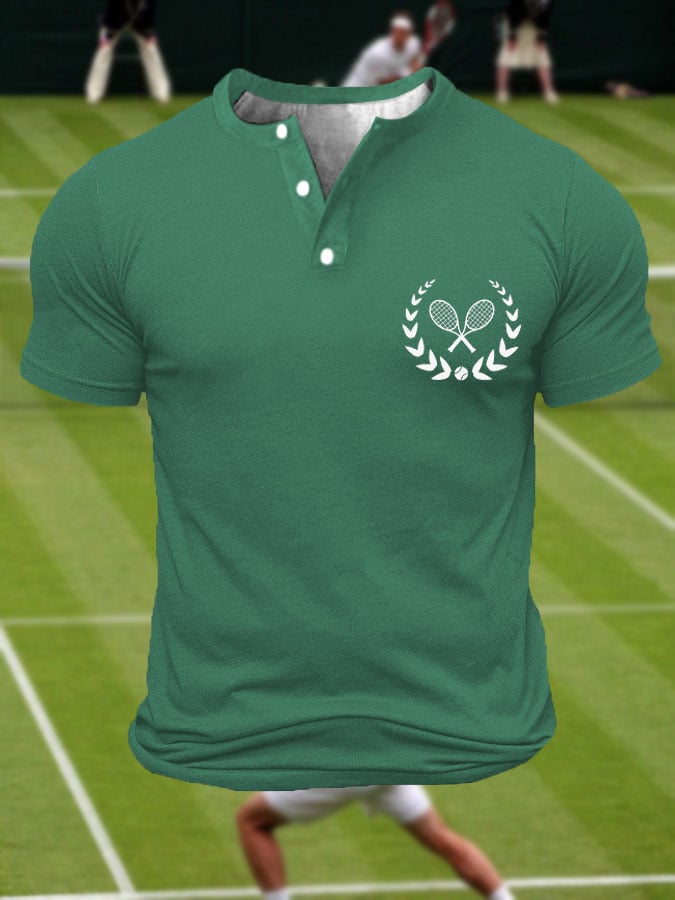 Men's Tennis Lover Printed Henley Collar Button-Up T-Shirt
