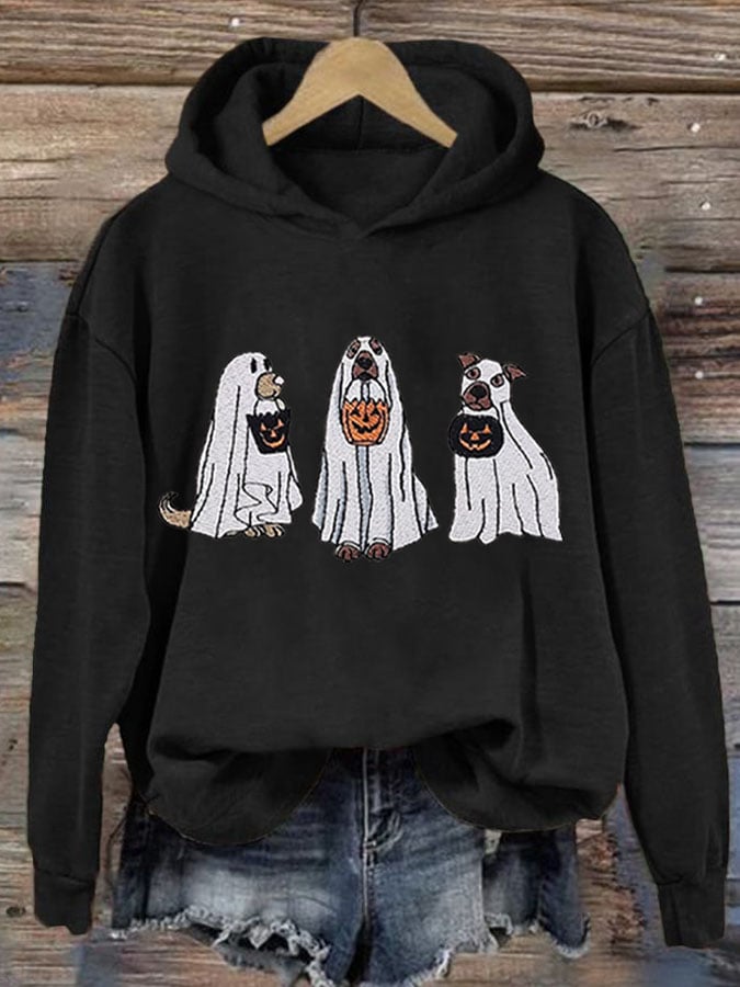 Women's Casual Embroidered Ghost Dogs Halloween Print Hoodie Long Sleeve Sweatshirt