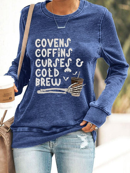 Women's Vintage Halloween Covens Coffins Coffee Cold Brew  Printed Sweatshirt