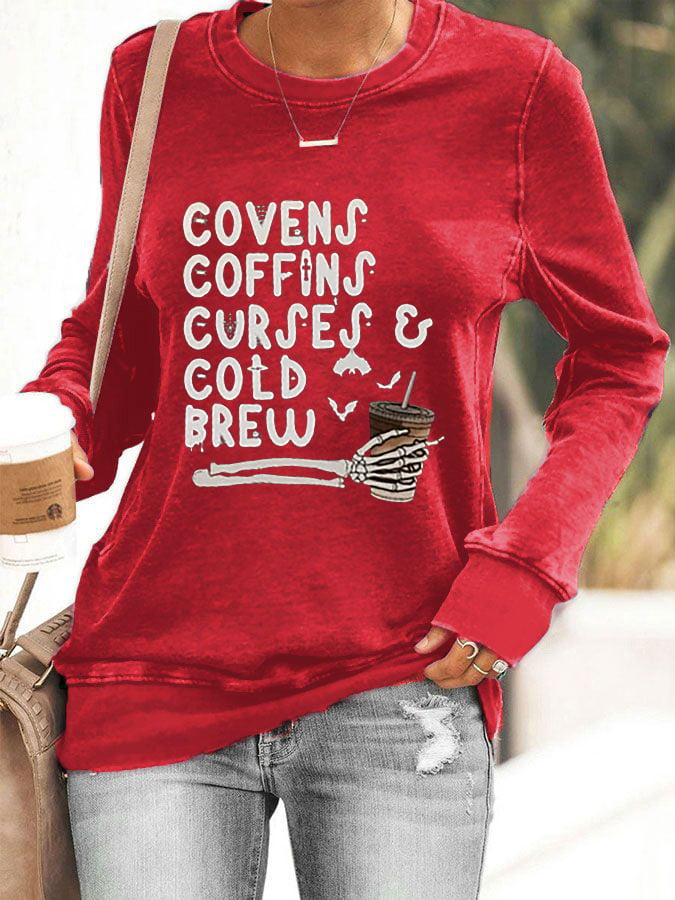 Women's Vintage Halloween Covens Coffins Coffee Cold Brew  Printed Sweatshirt