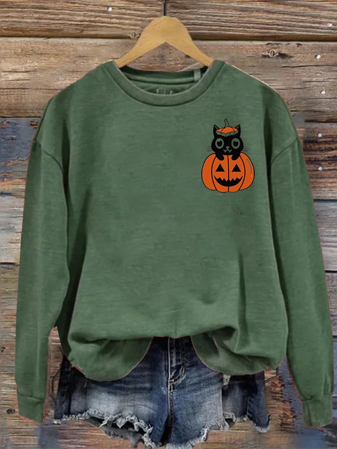 Women's Pumpkin Cat Halloween Print Casual Sweater