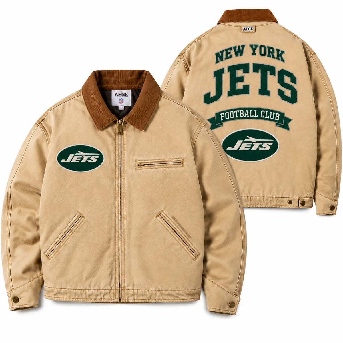 UNISEX NEW YORK JETS VINTAGE TAN CANVAS WORKWEAR JACKET | AEGE