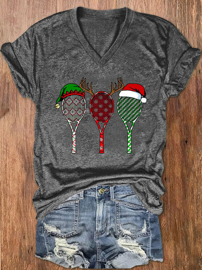 Women's Christmas Tennis Racket Print T-Shirt
