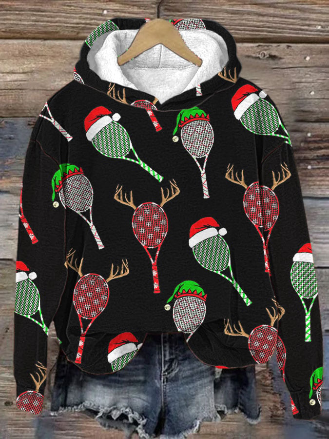 Women's Christmas Tennis Racket Print Hooded Sweatshirt
