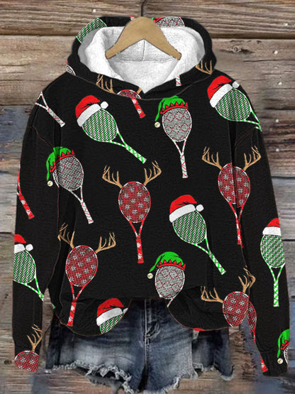 Women's Christmas Tennis Racket Print Hooded Sweatshirt