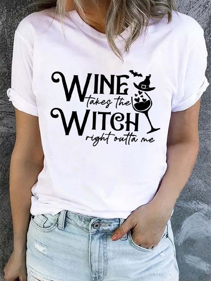 Women's Halloween Wine Print T-Shirt