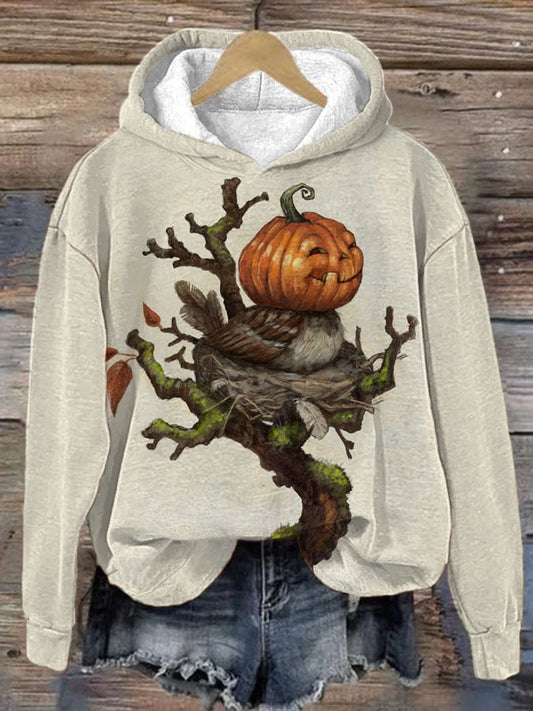 Women's Halloween Owl Pumpkin Printed Hooded Sweatshirt