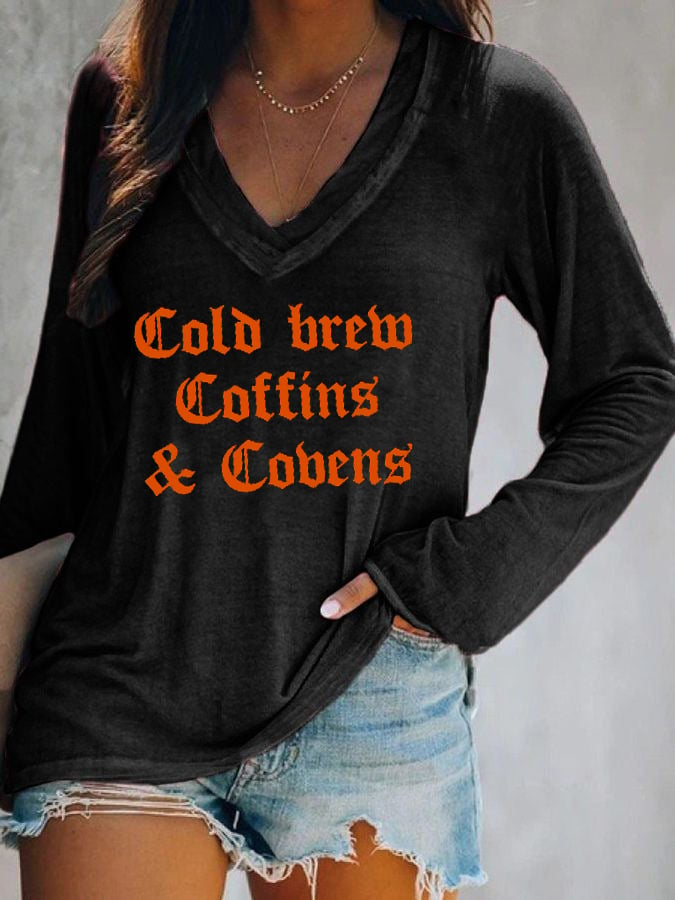 Women's Halloween Cold Brew, Coffins & Covens Printed V-neck Long Sleeve Top