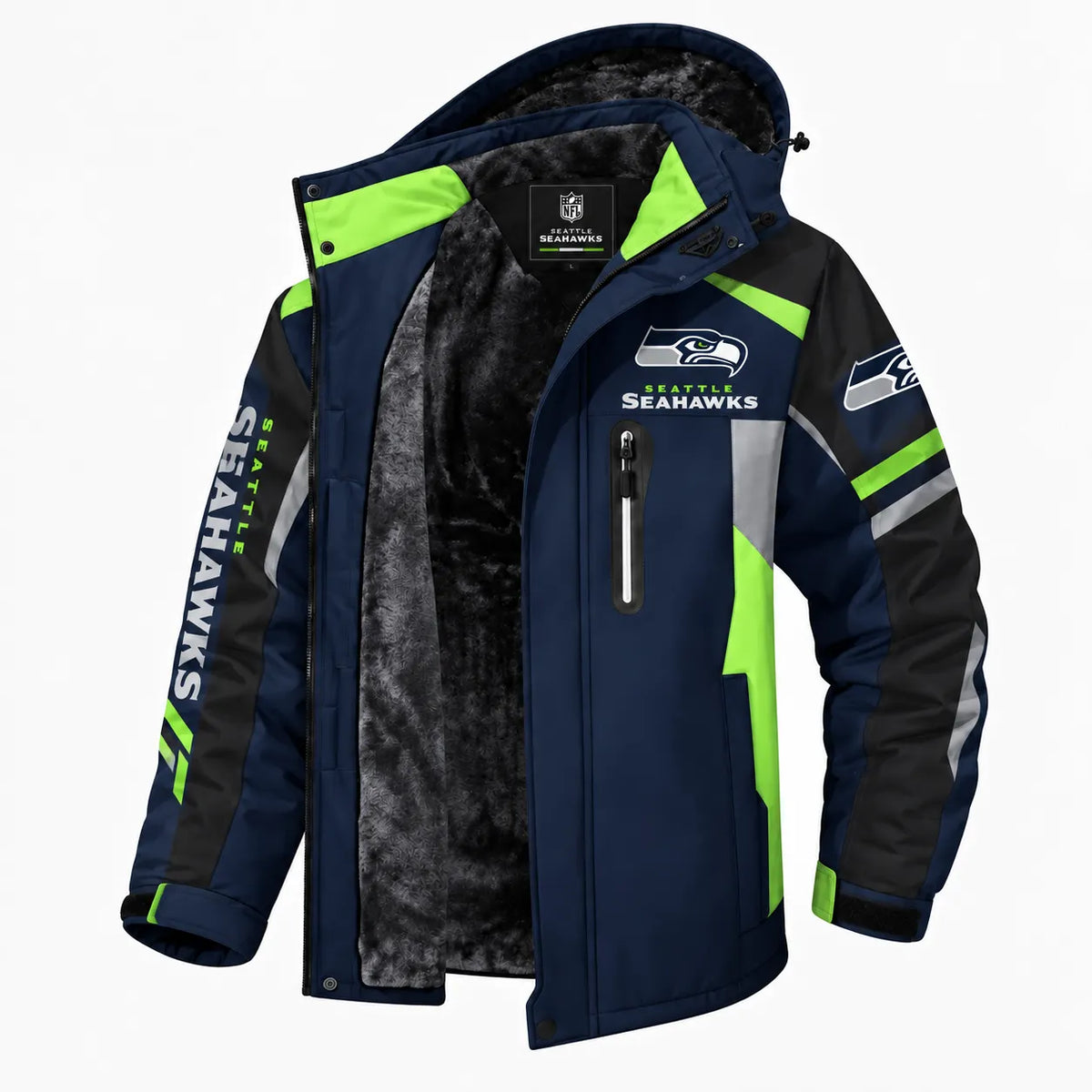 AEGE SEATTLE SEAHAWKS TEAM LOGO FOOTBALL GRAPHIC FLEECE LINED HOODED JACKET