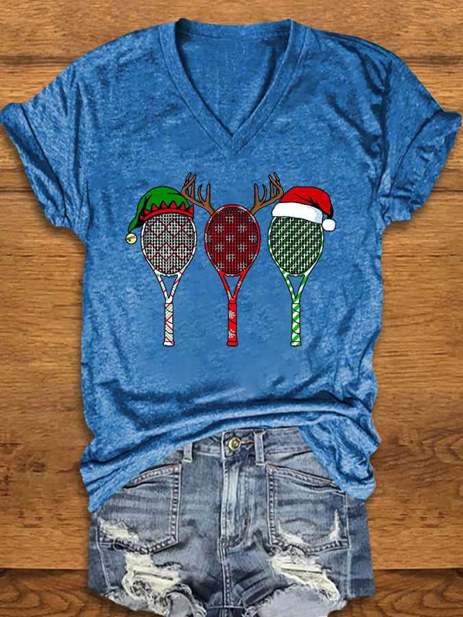 Women's Christmas Tennis Racket Print T-Shirt