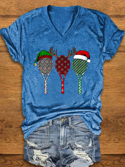 Women's Christmas Tennis Racket Print T-Shirt