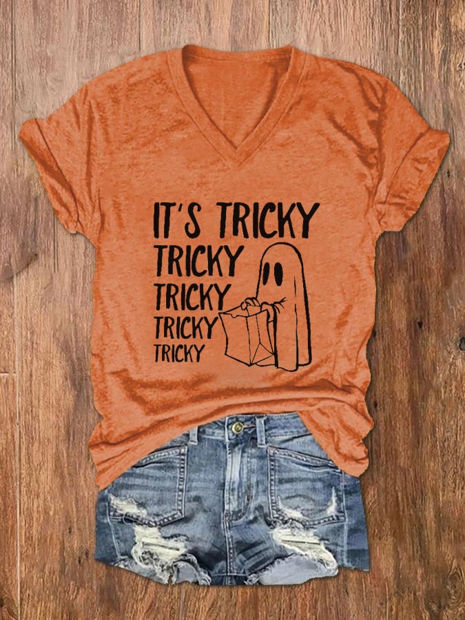 Women's It's Tricky Funny Halloween Print V-Neck T-Shirt