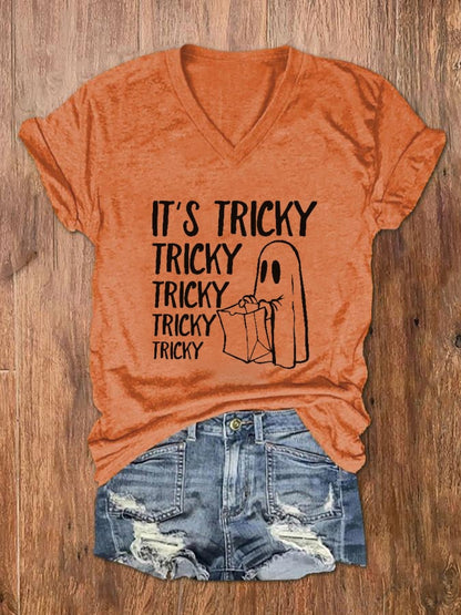 Women's It's Tricky Funny Halloween Print V-Neck T-Shirt