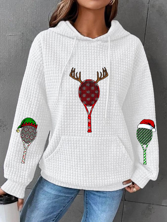 Women's Christmas Tennis Racket Print Waffle Hooded Sweatshirt