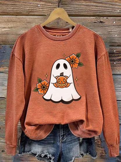 Women's Halloween Cute Pumpkin Boo Print Crew Neck Sweatshirt