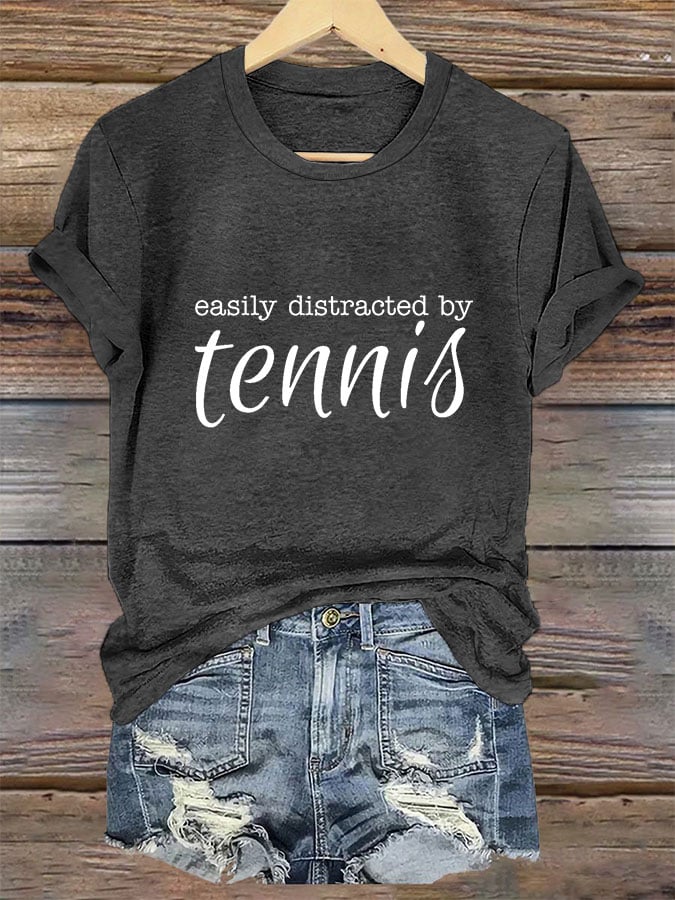 Women's Easily Distracted By Tennis Print Crew Neck T-Shirt