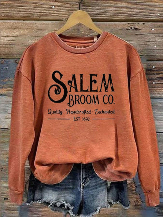 Women's Salem Broom Co Quality Handcrafted Enchanted Est 1692 Print Crew Neck Sweatshirt